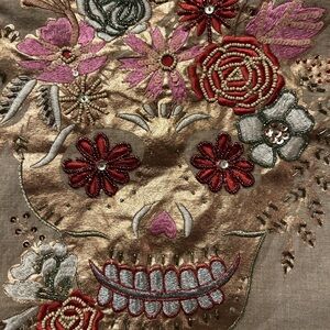 Embroidered Beaded Floral Skull Bag - Tan